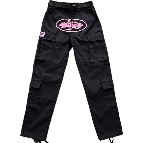 corteiz pants cargo black - pink logo